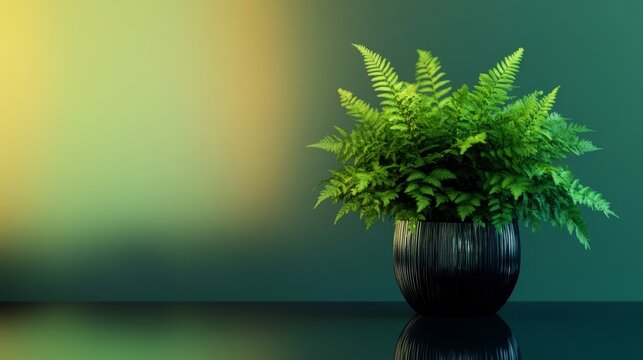 Fototapeta Vibrant green fern plant in elegant black pot on reflective surface, creating a serene, natural aesthetic for modern decor and wellness themes