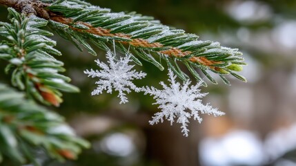 Snowflakes on evergreen branch captured in winter setting