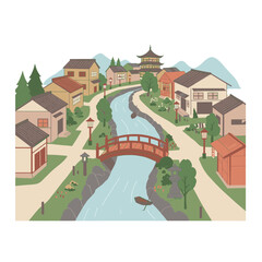 Naklejka premium scenic town with river and traditional buildings overlooking mountains