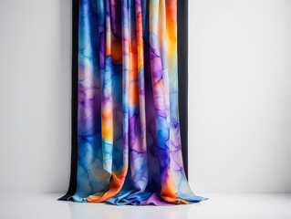 Dual-layer blackout curtains with abstract watercolor outer layer and matte black inner lining, minimal folds, white background