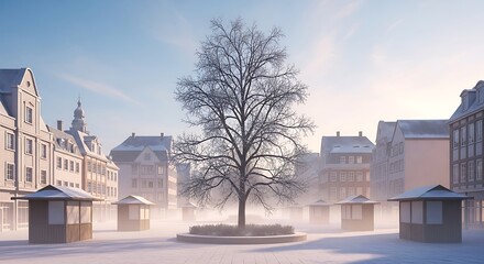 Fototapeta premium Snow covered tree in a european city square with historic buildings