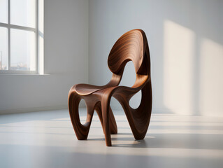 Hand-carved wooden chair with organic curves and flowing lines, sculptural art piece, placed in a minimalist studio with soft natural light
