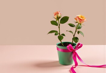Charming Twin Roses in a Green Pot with a Pink Ribbon on a Soft Beige Background Showcasing Elegance and Beauty for Home Decor and Gift Giving