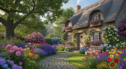 Cottage garden flowers english country house thatched roof floral landscape summer garden path beautiful