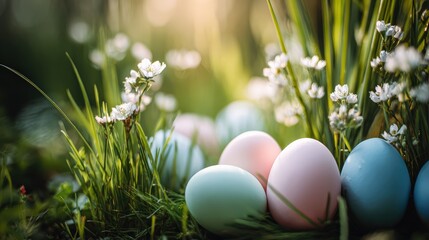 Colorful easter eggs nestled in green grass with white flowers