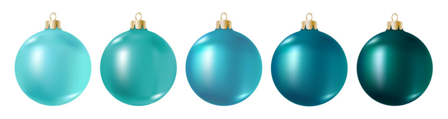 Realistic bright turquoise Christmas balls set isolated on white background. Pure 3D ball, vibrant color shades, light and dark teal, cyan or aquamarine gradient. Vector clipart, New Year decoration.