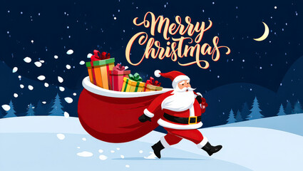 Santa Claus with a huge bag on the run to delivery christmas gifts at snow fall.Merry Christmas text Calligraphic Lettering Vector illustration 