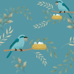 Illustration of blue birds feeding their chicks on branches with nests and eggs, surrounded by green leaves on a teal blue background.