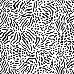 Seamless zebra skin pattern with isolated abstract hand drawn art wild leopard animal tiger skin background elements in black and white colors.Leopard , zebra and tiger mix furry skin seamless pattern