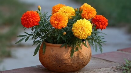 Vibrant marigold flowers in earthy pot for decorative and gardening inspiration