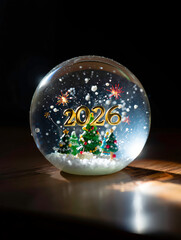 Snow globe with “2026” glowing inside, surrounded by tiny Christmas trees and fireworks
