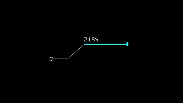 A dynamic cyan color line loading animation, and loading to completed 1 to 21% animation. on a black background. and creating a stunning 4k video.