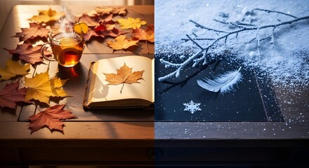 An artistic split image: one side autumn, one side winter, meeting on the surface of an old desk