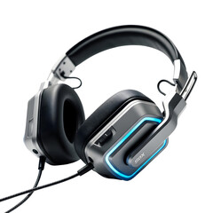 Headphones with metallic design and blue led lights on transparent background