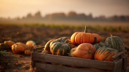 Harvested pumpkins in rustic wooden crate amidst autumn landscape