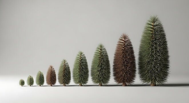 Miniature trees arranged in ascending size order on a gray background