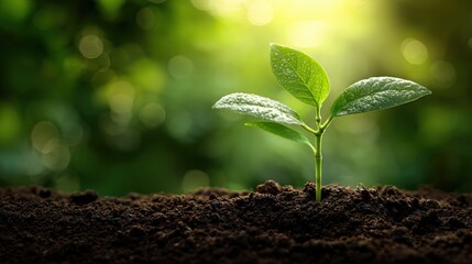 New plant growth sprouting from dark soil in sunlit environment