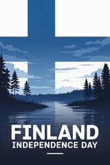 Finland Independence Day celebration with national flag and lake scenery  