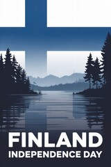 Finland Independence Day poster featuring serene lake and forest  