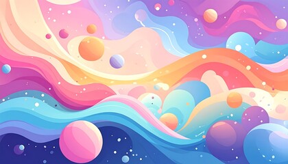 Dreamy Pastel Landscape with Floating Spheres and Wavy Patterns.