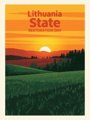 Vibrant sunset over hills and fields for Lithuania State Restoration Day  
