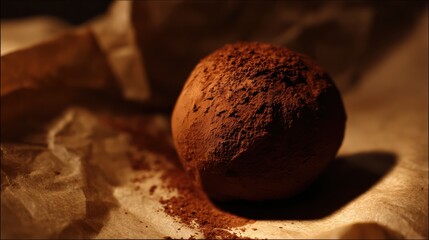 Rich chocolate truffle on textured surface with cocoa powder