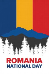 Romania National Day celebration poster with mountains and trees  