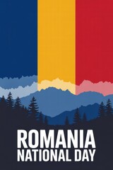 Romania National Day graphic with mountains and tricolor background  