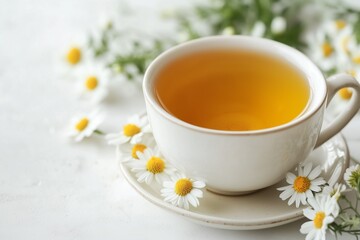 Cup of herbal chamomile tea with fresh daisy flowers on white background.