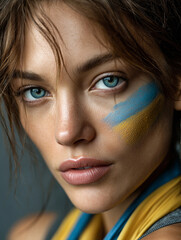 Close-up portrait of a determined woman with Ukrainian flag paint on her cheek, confident gaze, dramatic lighting 
