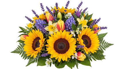 Vibrant summer flower bouquet with sunflowers and lavender isolated on transparent background