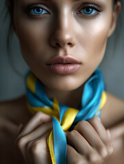Close-up womans hands gripping blue-yellow ribbon tightly, background blurred, dramatic shadows 