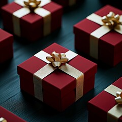 Elegant red gift boxes with golden ribbons create a luxurious and celebratory atmosphere perfect for any special occasion or holiday season.