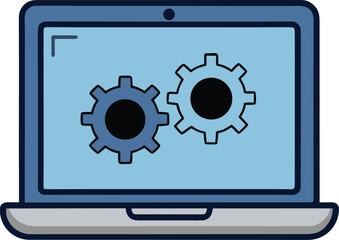 Laptop screen displaying two interlocking gears computer technology vector illustration EPS file download.
