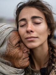 Close-up woman kissing forehead of elderly refugee, tent camp blurred behind