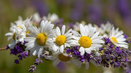Close up of white daisies intertwined with purple flowers in natural setting
