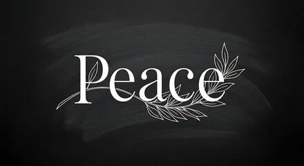 Elegant peace text with a delicate branch on a dark background