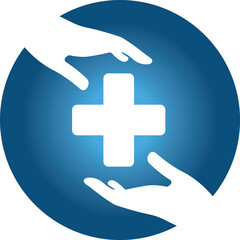 Medical healthcare logo design vector cross symbol and hand icon illustration