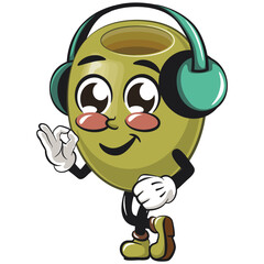 cute green olive mascot cartoon character isolated vector illustration listening to headset while dancing, work of hand drawn