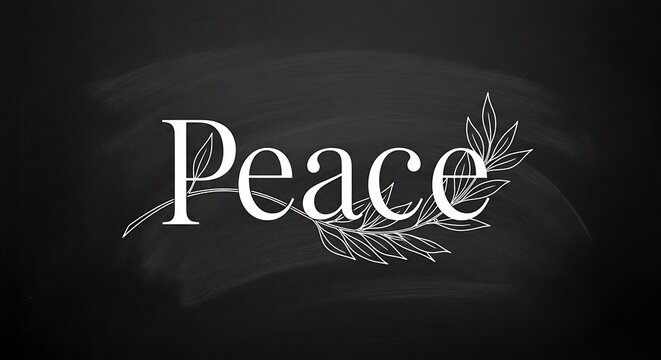 Elegant peace text with a delicate branch on a dark background