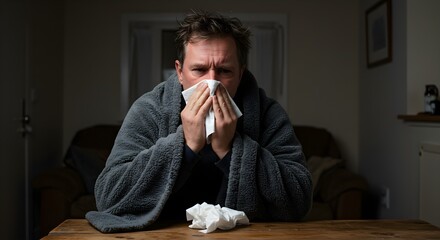 sick man blowing his nose