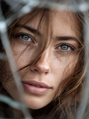 Close-up intense gaze of a woman through shattered glass, her reflection fractured, wind in hair