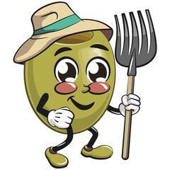 cute green olive mascot cartoon character isolated vector illustration as farmer in hat with his fork, work of hand drawn