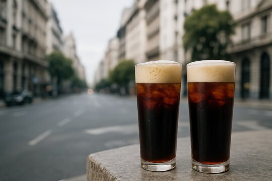Two glasses of fernet with cola on a quiet Buenos Aires street, framed by classic architecture and soft daylight.