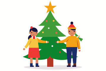 Smiling Children Celebrating Christmas Holiday with Decorated Evergreen Tree