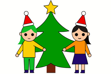Cheerful Cartoon Children with Santa Hats Standing Beside a Christmas Tree Illustration