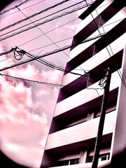 ピンクの空と電線が交差する都会の建物