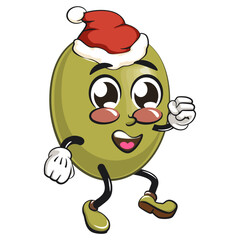 cute green olive mascot cartoon character isolated vector illustration walking while wearing a santa hat, work of hand drawn