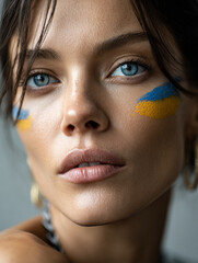 Close-up portrait of a determined woman with Ukrainian flag paint on her cheek, confident gaze, dramatic lighting