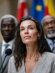 Leader at press conference with world flags, standing tall among male politicians, spotlight on her